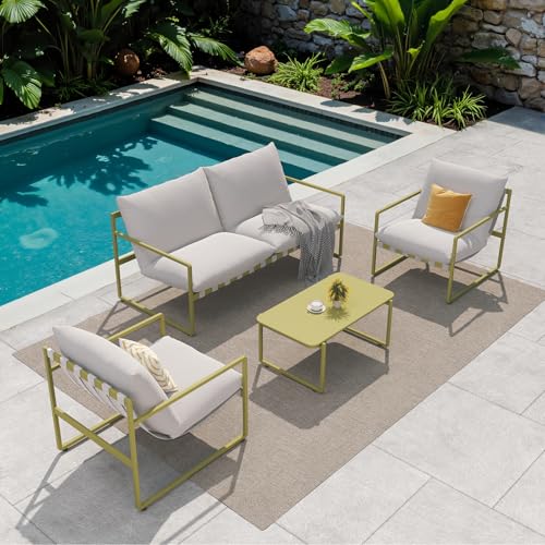 Grand patio 4-Piece Outdoor Furniture Set, Modern Patio Furniture with Soft Cushions, Small Metal Sofa Couch with Coffee Table, Conversation Set for Porch Deck Balcony Backyard Living Room, Green