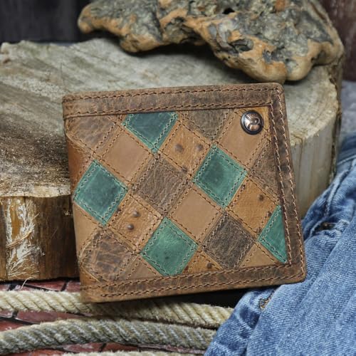 Image of HOOEY Ouray Men's Bifold Wallet - Brown & Turquoise Ostrich Print Roughy Wallet, Genuine Leather Western Wallet with ID Window & Card Slots