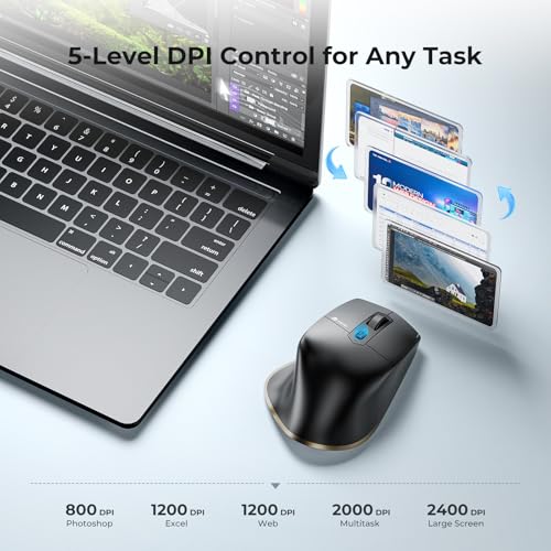 iClever Bluetooth Maus, Rechargeable Ergonomiche Maus Kabellose Mouse, Wiederaufladbarer Akku, Multi-Device, 800/1200 / 1600/2000 / 2400 DPI,7 Buttons for PC/Laptop/Tablet/MacBook, Schwarz – Bild 6