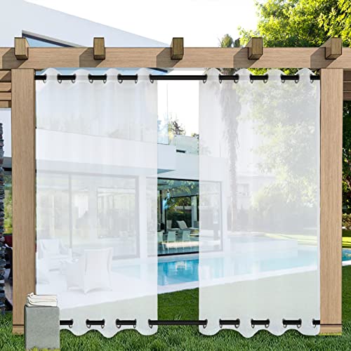 Outdoor Sheer Curtains Set of 2 (63x75in) 160x190cm Waterproof Grommet Drapes for Patio Porch Deck Pergola White Privacy Panels for Indoor/Outdoor Use