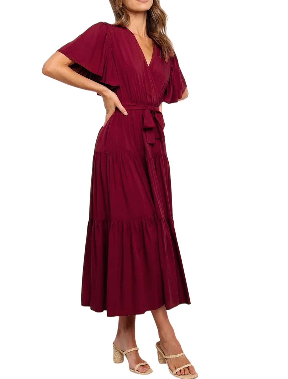 R.Vivimos Summer Dress for Women Cotton Ruffle Short Sleeves V Neck Casual Flowy Midi Dress with Belt