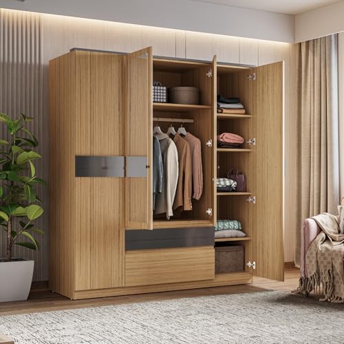 Image of Wakefit Elphi 4 Door Wardrobe with Mirror Urban Teak,Grey Foil