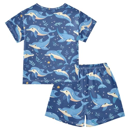 ALAZA Cartoon Dolphin Print Blue Pajamas Short Sleeve 2 Piece Sleepwear Top and Bottom Pajama Set Unisex2