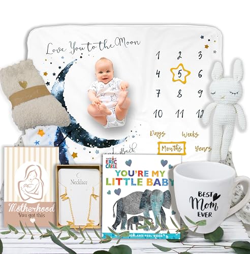 Image of Ultimate New MOM Gifts, Care Package/Gift Basket, New Baby Gift, Expecting Pregnant Women, Mother to be Baby Shower, Pregnancy or After Birth, Surgery, Milestone Baby Blanket, Mother's Day Gift