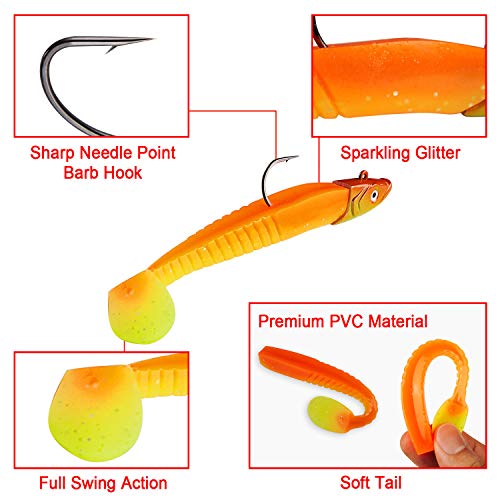 Rodeel Soft Baitfish Bait Jig Heads with Paddle Tail Set for Lure Fishing for Freshwater, Sinking Swimbait Soft Bait Fishing Lures(2 Jig Heads with 5 Paddle Tails, 5.5 inch, 35g)