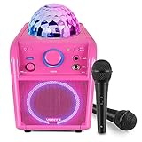 VONYX SBS55P Altavoz Karaoke con 2 Micrófonos para Niños y Niñas. Micrófono Karaoke Reproductor Bluetooth, Luces LED Disco, Recargable por USB - Rosa