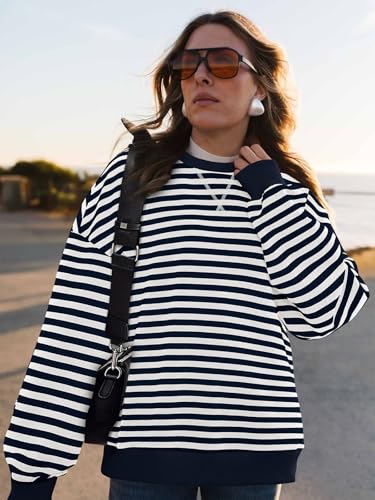 Image of PRETTYGARDEN Womens Striped Oversized Sweatshirt Color Block Crew Neck Long Sleeve Casual Loose Pullover Top Y2K Clothes