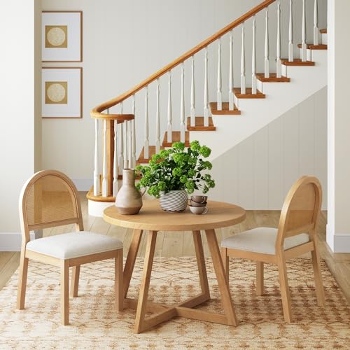 Image of Nathan James Bailey 19 in. Boucle Dining Chair, Upholstered Side Chair with Natural Woven Rattan Back and Solid Wood Legs, Natural Brown /Rattan /Cream Boucle, Set of 2
