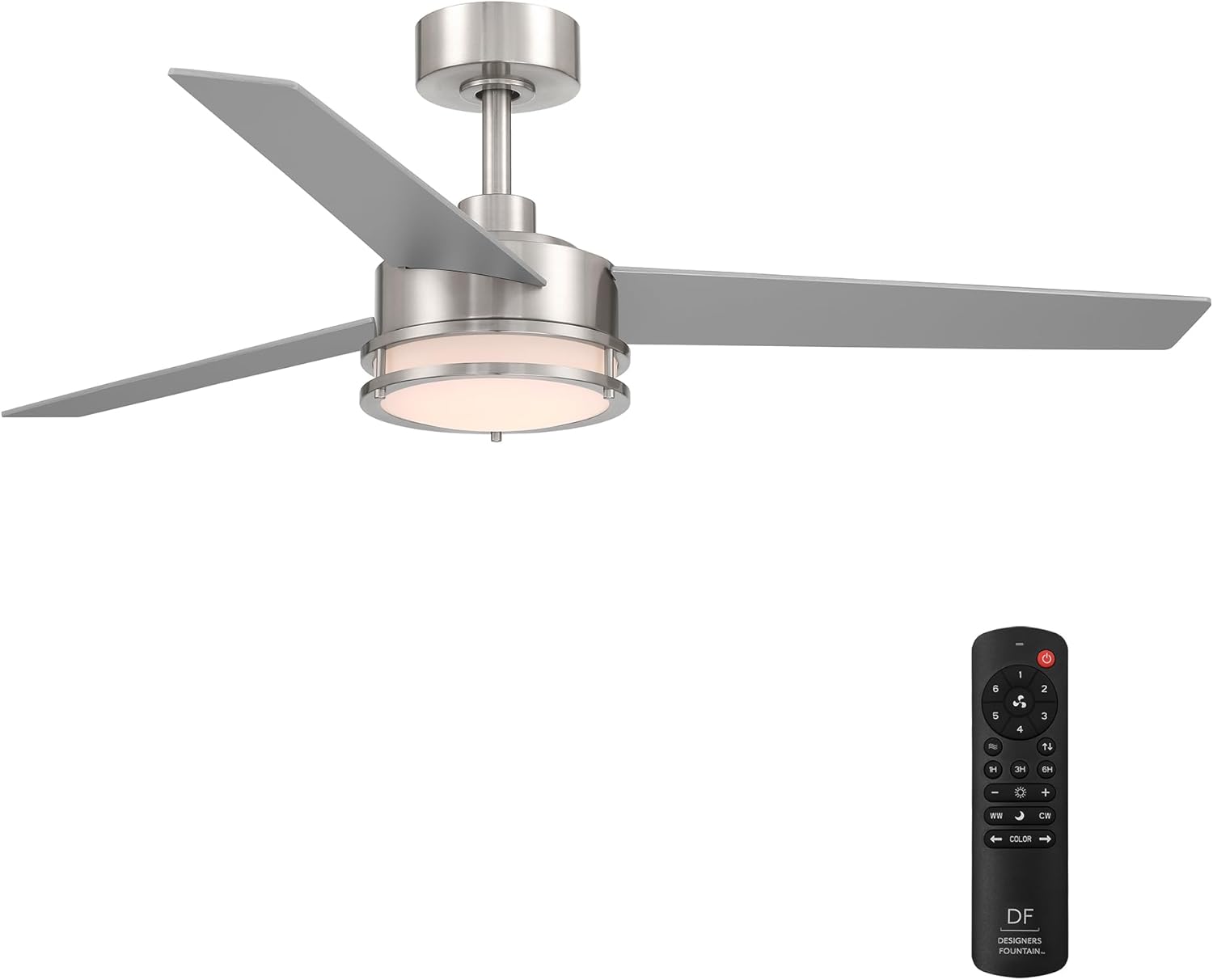 DESIGNERS FOUNTAIN Cassini Smart Ceiling Fan with Lights, 52 Inch LED Light Indoor Outdoor 3-Blade Fan, Remote Control, RGB, Brushed Nickel, FS-CSN52RGB-BN