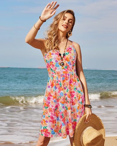 Image of STYLEWORD Womens Sundress Summer Floral Wrap V Neck Backless A-Line Casual Beach Midi Dress