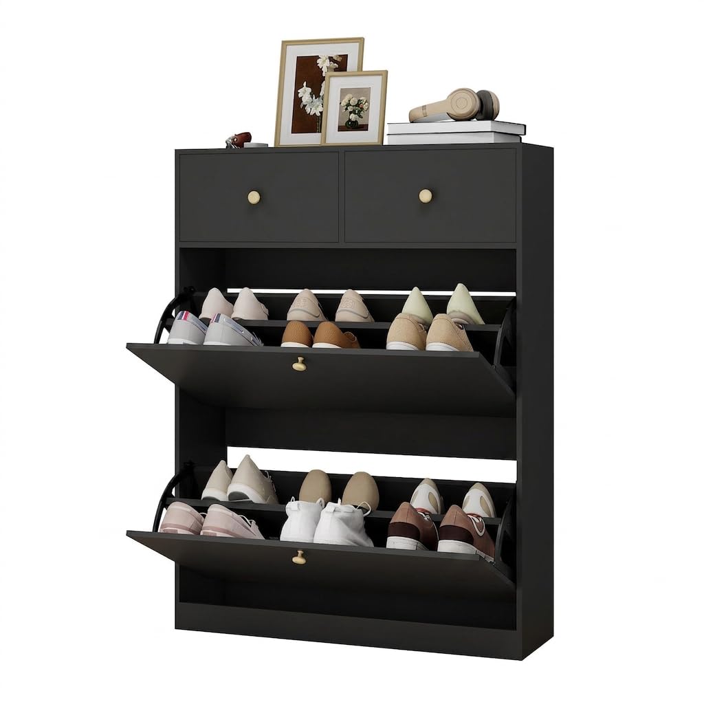 YOURLITE Schuhschrank Schmal,Schuhkipper,2 Klappen & 2 Schubladen,Schwarz | Platzsparender Schuhkipper Holz,Schuhkommode,Trennwand Verstellbar,für Flur,Eingang,Diele,Wohnzimmer,80x24x106cm