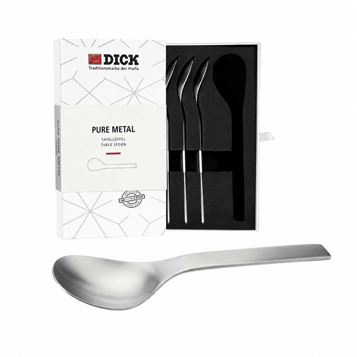 F. DICK PURE METAL Tafellöffel Set 4-teilig (Löffel mit einer seidenmatten Oberfläche, bewahrte Stahlqualität, optimal für Suppen, Eintöpfe) 91587000