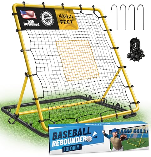 JOLORLY Heavy Duty Baseball Rebounder Net Fielding Trainer Pro Softball Pitch Back with 3 Adjustable Angles Bounce for Ground, Line Drive, Fly Ball Return Settings (4x4.5 ft)
