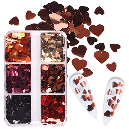 6 Grids 3D Heart Nail Glitter Sequins Valentine's Day Nail Art Stickers Love Nail Decals Holographic Laser Heart Nail Designs Red Gold Nail Glitter Flakes Shiny Heart Glitter Nail Art Decoration #TOP6