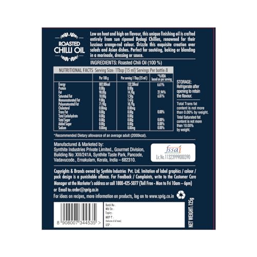 Image of S P R I G Premium Finishing Roasted Chilli Oil - Crafted with real Bydagi Chilies, No Artificial Colours, Flavor, Additives or Preservatives, Vegan, Kosher, Gluten-free, Liquid Seasoning - 125 g
