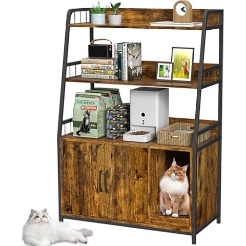 EasyCom Cat Litter Box Enclosure with Shelves - Large Litter Box Enclosure with Cat Scratching Pad and Anti-Scratch, Vintage Wooden Hidden Cat Litter Box Furniture (Rustic Brown) Cover