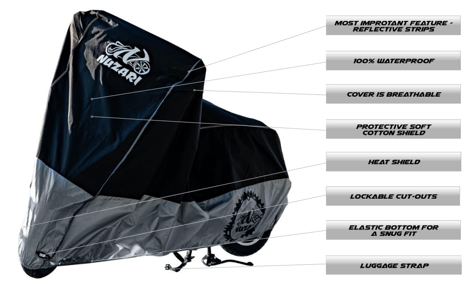 Image of Heavy Duty Motorcycle Cover, Breathable, Reflective Strips, Elastic Bottom, Luggage Strap, Lockable Grom, Durable Sewn Cutouts