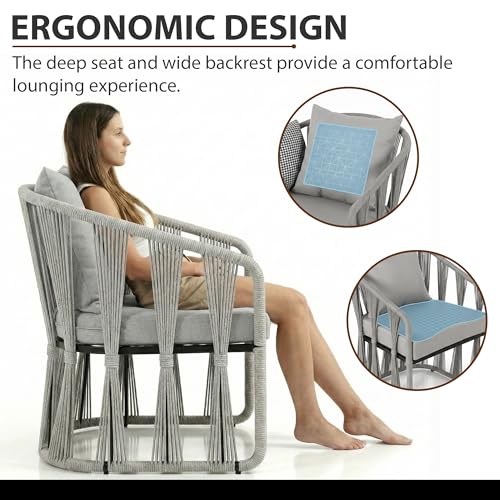 Image of BRISHI 3 Piece Outdoor Patio Furniture Set | Two Seater Woven Rope Patio Chairs with Cushions & Glass Table | All Weather Garden Balcony Conversation Set for Porch, Lawn, Poolside, Backyard (Grey)