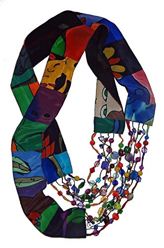 Women's Reversible Handmade Scarf Necklace, Infinity Style, Hand Painted Silk with Non Precious Bead Accents - LRW DESIGNS
