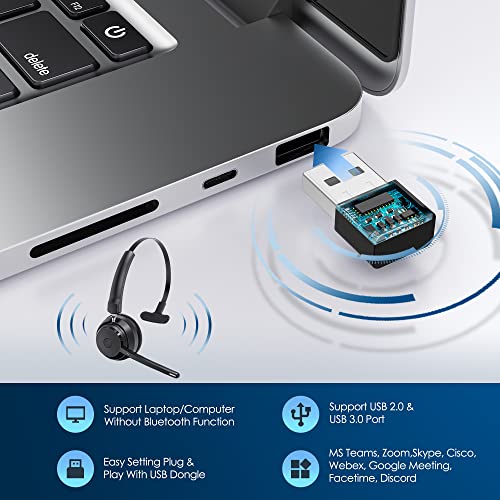 Mopchnic Bluetooth Headset 2024 Upgraded Version, Wireless Headset With Ai Noise Canceling Microphone, On Ear Bluetooth Headset With Usb Dongle For Office Call Center Skype Zoom Meeting Online Class thumb #2
