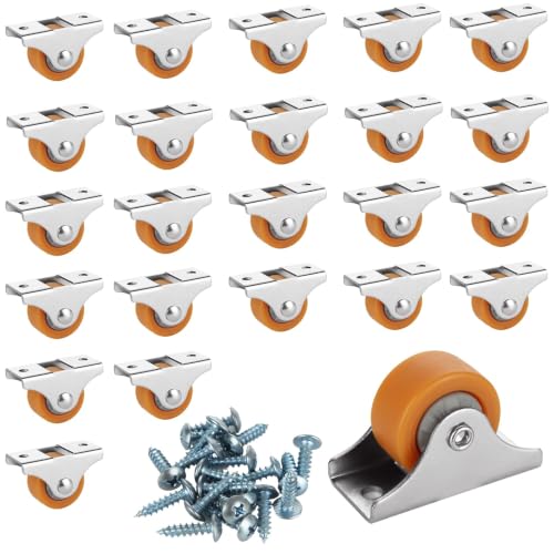 CYEAH Furniture Casters - 24 Pcs Small Caster Wheels, 1'' Metal Top TPE Rubber Low Profile, Heavy Duty Non Swivel, Silent Ball Bearings, for Rolling Cabinet Trundle Bed Drawer