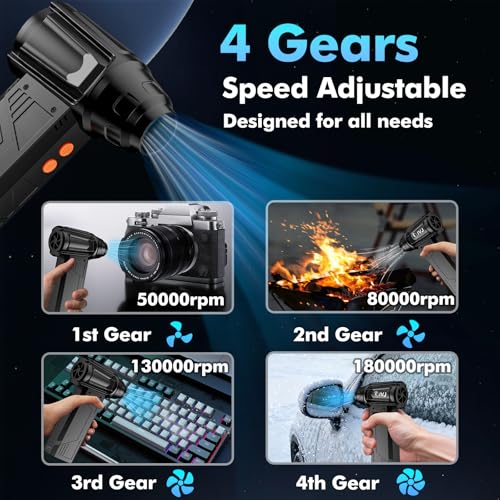 Image of IVJ Compressed Air Duster, 180000RPM Super Power Cordless Electric Air Duster with LED Light Rechargeable 4 Gear Adjustable Mini Air Duster, Dust Blower for Computer, Keyboard, House, Outdoor and Car