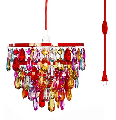 Image of gypsy color The Original Brink House Plug-in 1 Light Multicolor Dome Chandelier H10 inchxW11.5 inch, Red Metal Frame with 5 Tiers of Multicolor Acrylic Crystals