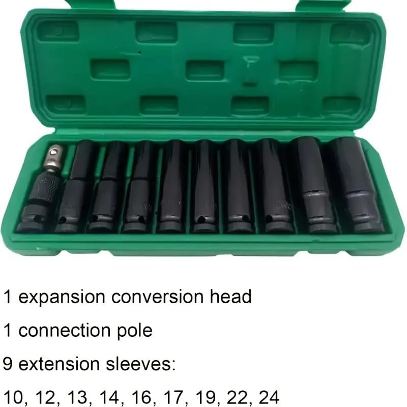 Image of Djv Creation 11 Pieces 1 /2-Inch Square Drive 78mm Deep Impact Socket Hex Set, 6-Point Standard Metric Sizes CR-V Steel 10mm to 24mm (Green) (11 in 1 impact socket set)