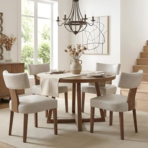 Image of HNY Mid Century Modern Dining Chairs Set of 4, Farmhouse PU Leather Upholstered Accent Chair Curved Backrest Kitchen Chairs, with Hardwood Frame, Grey