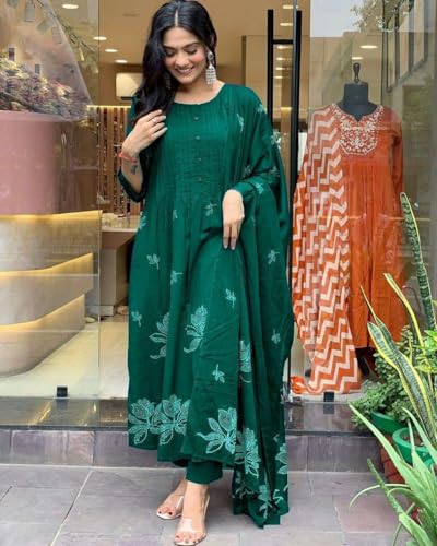 Image of Women's Cotton Embroidery Floral Printed Long Straight Kurti With Pant And Dupatta Set