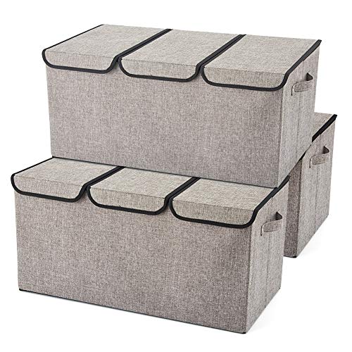 EZOWare Extra Large [3-Pack] Linen Fabric Foldable Storage Cubes Bin Box Containers with Lid and Handles - Light Gray For Home, Office, Nursery, Closet, Bedroom, Living Room (24x12x12inch)