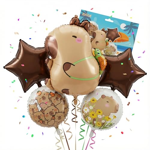 AYEBIA Capybara Balloon Set 5Piece Foil Party Decorations 24 Giant Capybara Balloon with Turtle + 4x 18 Star & Round Balloons Cute Kids Birthday Cartoon Animal Theme Brown Mylar Balloons