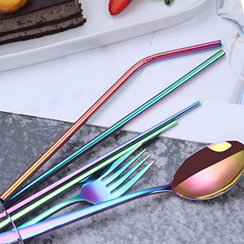 Rainbow Travel flatware set with Case Stainless Steel silverware Tableware Set,Include Knife/Fork/Spoon/Straw (Portable RB 2set)
