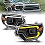 AmeriLite for 2012-2015 Toyota Tacoma C-Type Switchback Black Replacement Headlights Assembly Pair - Passenger and Driver Side