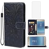 Gufuwo Case for Galaxy J3 Prime/J3 Emerge/Amp Prime 2/J3 Mission/J3 Eclipse Wallet Case with Tempered Glass Screen Protector, Leather Flip Credit Card Holder Cover for Samsung Galaxy J3 2017 Dark Blue