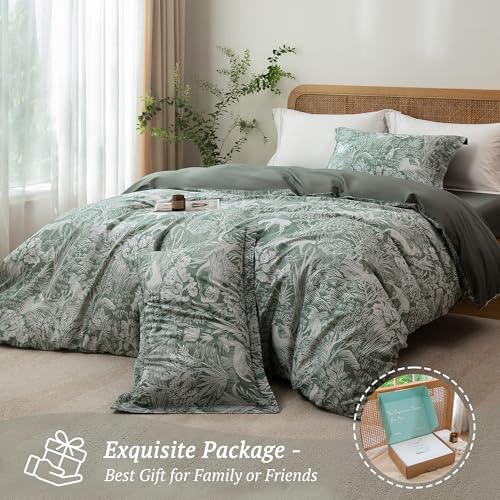 MILDLY King Size Duvet Cover Set 100% Long-Staple Cotton Luxury Green Floral Patten Reversible Comforter Cover Set 3Pcs