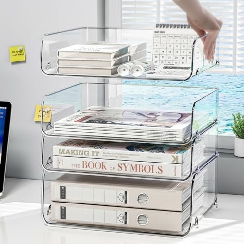書類収納 レターケース 書類ケース 卓上ラック 文房具収納 小物入れボックス 卓上 おしゃれ A4 レタートレー 文房具収納 小物入れ ヨコ置4段書類トレー 積み重ね可能 新聞/雑誌/A4ファイル/フォルダー/書類入れ オフィス レタートレイ ブックなど収納 透明 32.5*25*27cm