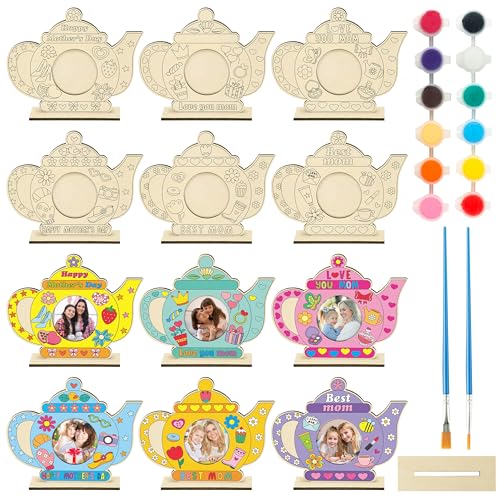 Haooryx Wooden Picture Photo Frame - 12 Pcs Mother's Day Color Your Own DIY Tea Pot Mom Uncolored Wooden Display Pictures Photo Frames Collage Set Wall Hanging Wall Tabletop Mounting Tabletop Display