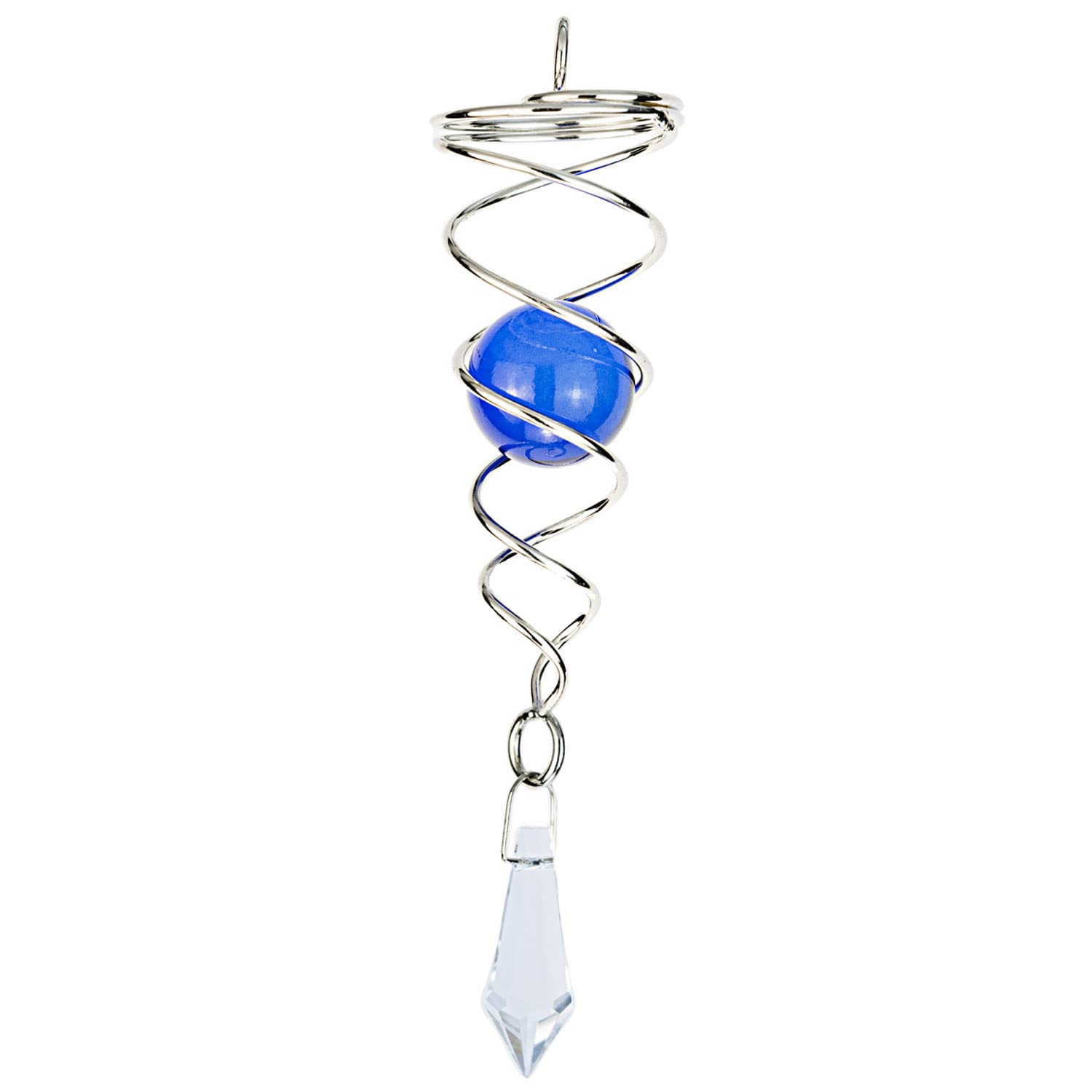 4.5 inch Gazing Ball Spiral Tail, Prefdo Metal Wind Spinner Stabilizer, Crystal Glass Ball Spinning Hanging, Helix Kinetic Silver Twister Garden Decorations(Royal Blue)