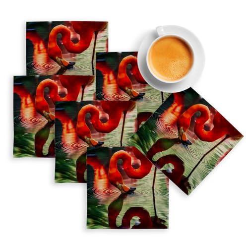 Sottobicchiere in lino, fenicottero rosso, si ripiega in acqua, fatto di tondi in acqua, confezione da 6 (100 x 100 mm)