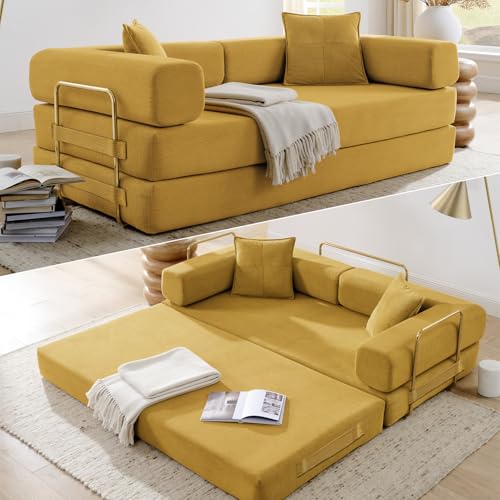 Image of HANXIN Convertible Sleeper Sofa Bed, 78 Inch Folding Floor Mattress Couch with Fixed-Shape Frame, Futon Boneless Couch Lounge Loveseat with Pull Out Bed, No Assembly Required (Yellow)