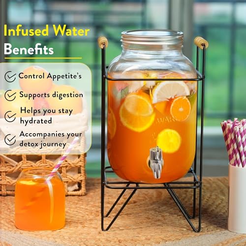 Image of 1 Pc 5 LTR Glass Water Beverage Dispenser with Stand - Air Tight Lid Glass Pitcher for Detox Water - Mason Jar - Counter Table Top Juice Water Beer Dispenser for Home Restaurant Party