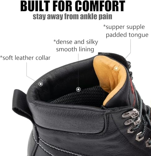 SUREWAY 6 in Mens Heavy Duty Soft/Steel Toe Work Boots for Men,Goodyear Welted,Full Grain Leather,Slip Resistant,EH Safety Industrial Construction Boot,Steel Toe Black White,Size 113