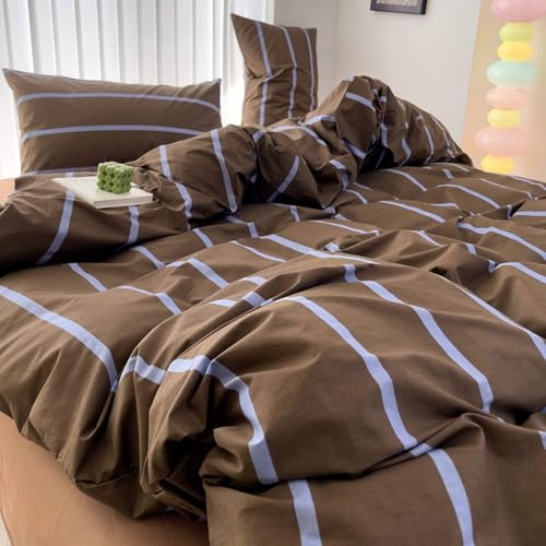 Image of Striped Duvet Cover Set King Size Brown Blue Stripes Comforter Cover Vintage Geometry Stripe Soft Breathable Microfiber Bedding Set for All Seasons with Zipper Closure and 2 Pillowcases