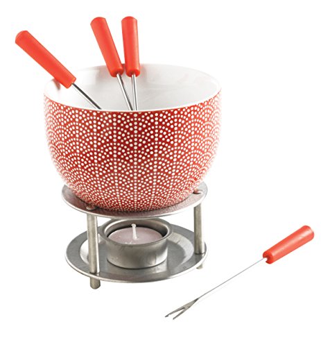 Mastrad Fondue Set - Includes Ceramic Fondue Pot, Stainless Steel Forks, Tealight Holder, Candle and Warming Stand - Melt Chocolate, Cheese and More