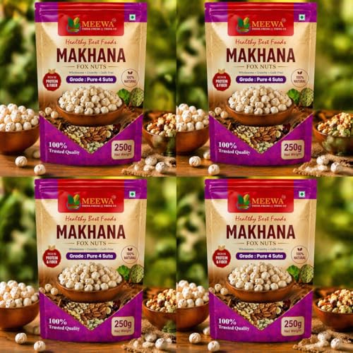 MEEWA MAKHANA 1 KG | PACK OF 4 X 250 GRAMS | PURE HANDPICKED 4 SUTA GRADE | REUSABLE ZIP LOCK POUCH PACK| BEST FOR FASTING | PESTICIDE FREE | FOXNUT | MAKHANE