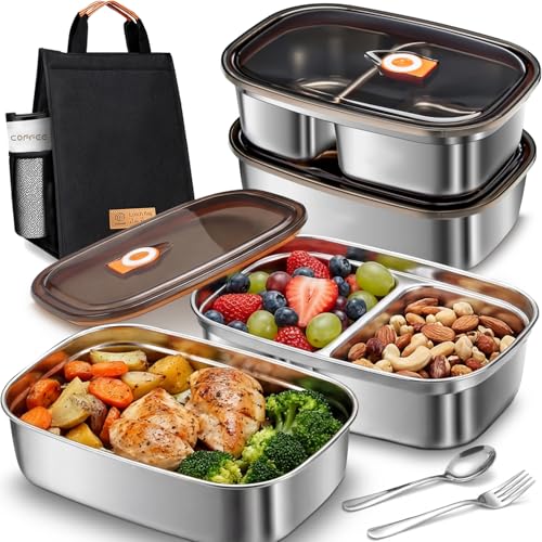 Stainless Steel Lunch Box Adult: 1200ML+1700ML Leakproof 304 Metal Bento Box with Airtight lid - Lightweight Lunchbox for Men Women - for Work Office School Picnic Outside with Thermal Bag & Cutlery