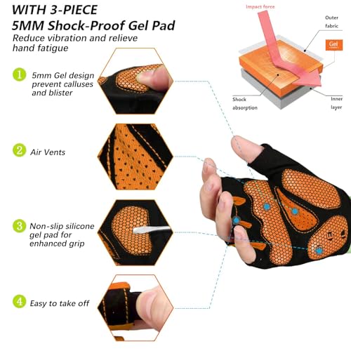 MOREOK Cycling Gloves Bike Gloves for Men/Women-[5MM Gel Pad] Half Finger Bicycle Biking Gloves for Cycling/Weight Lifting/Gym/Motorcycle/Rowing/Outdoor Sports-050-ORANGE-S - Thumbnail 2