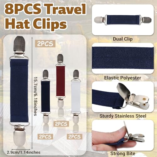 8Stks Elastische Huthalter Clip in Verschiedenen Farben, Reise Hut Clips aus Edelstahl, Tragbarer Huthalter für Rucksäcke, Freihändige Gepäck Hutklammer, Huthalterclip für Taschen Geldbörsen Freien