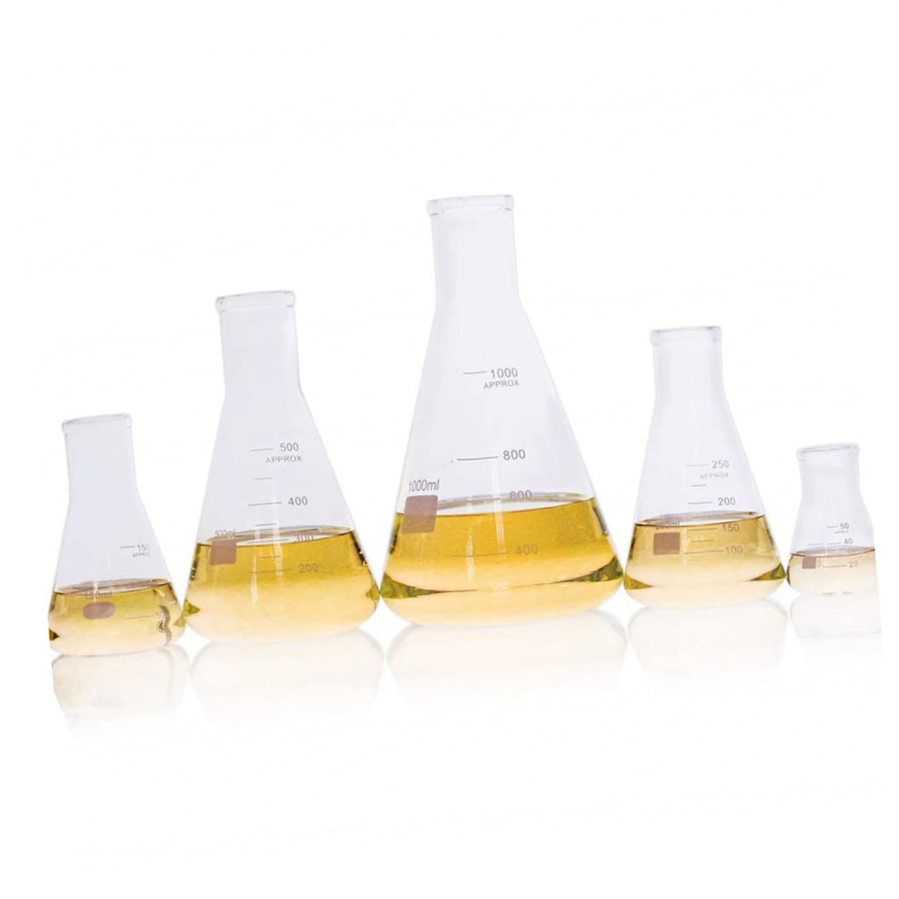 Anneome Matraz Cónico de Vidrio de Borosilicato 5 Piezas para Laboratorio | Boca Estrecha, Fondo Plano y Graduaciones Estándar, 50ml a 1000ml, Uso en Educación